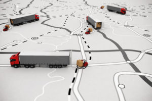 Loading pallets of boxes on truck on a road map. Concept of global shipment and GPS tracking. 3D rendering