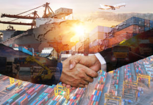 Business people shaking hands, success business of Logistics Industrial Container Cargo freight ship for Concept of fast or instant shipping, Online goods orders worldwide